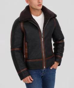 Camp Mens Black Leather B3 Bomber Jacket-Front