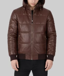 Cart Mens Brown Hooded Puffer Leather Jacket-Front