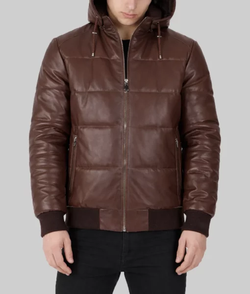 Cart Mens Brown Hooded Puffer Leather Jacket-Front