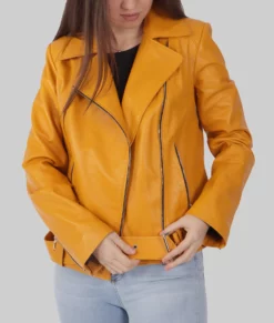 Cindy Womens Yellow Biker Leather Jacket - Womens Yellow Biker Leather Jacket-5