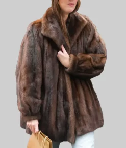 Dakota Johnson Brown Fur Coat-Front View