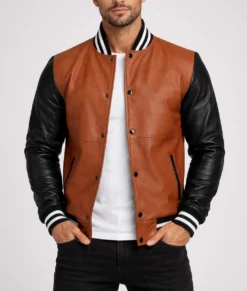 Edge Men's 804 Brown and Black Varsity Leather Jacket-Generic-3