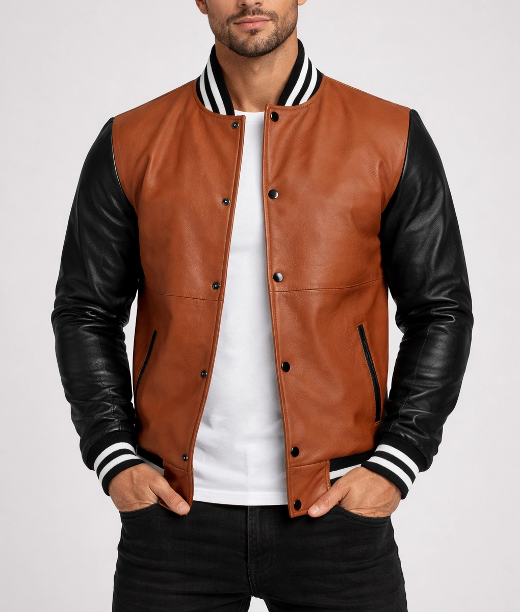 Edge Men's Brown&Black Leather Varsity Jacket | NYC Jackets