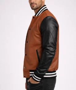 Edge Men's 804 Brown and Black Varsity Leather Jacket-Generic-1