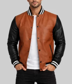 Edge Men’s Brown and Black Varsity Leather Jacket-Front