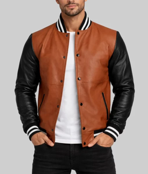 Edge Men’s Brown and Black Varsity Leather Jacket-Front