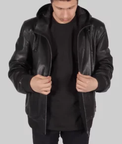 Finch Mens Black Hooded Bomber Leather Jacket - Mens Black Hooded Leather Jacket-2