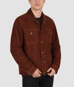 Francis Mens Brown Suede Trucker Jacket-Front