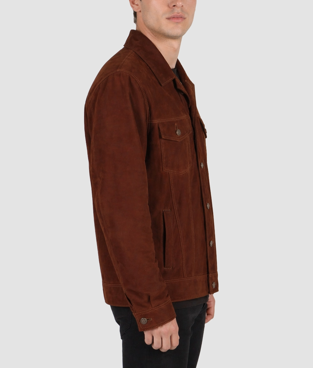 Francis Mens Brown Suede Trucker Jacket-Side