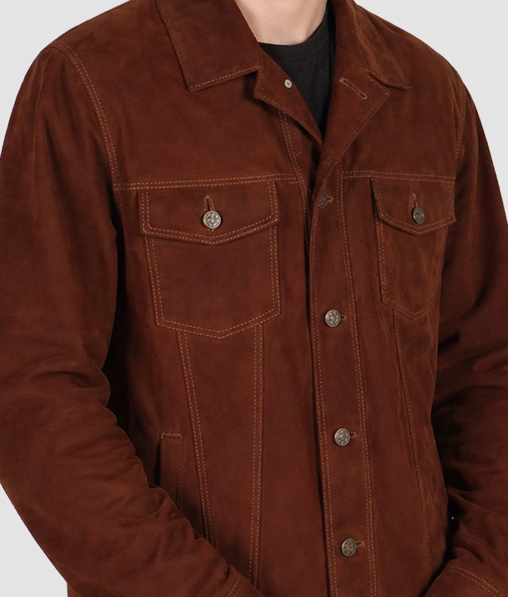 Francis Mens Brown Suede Trucker Jacket-Zoom