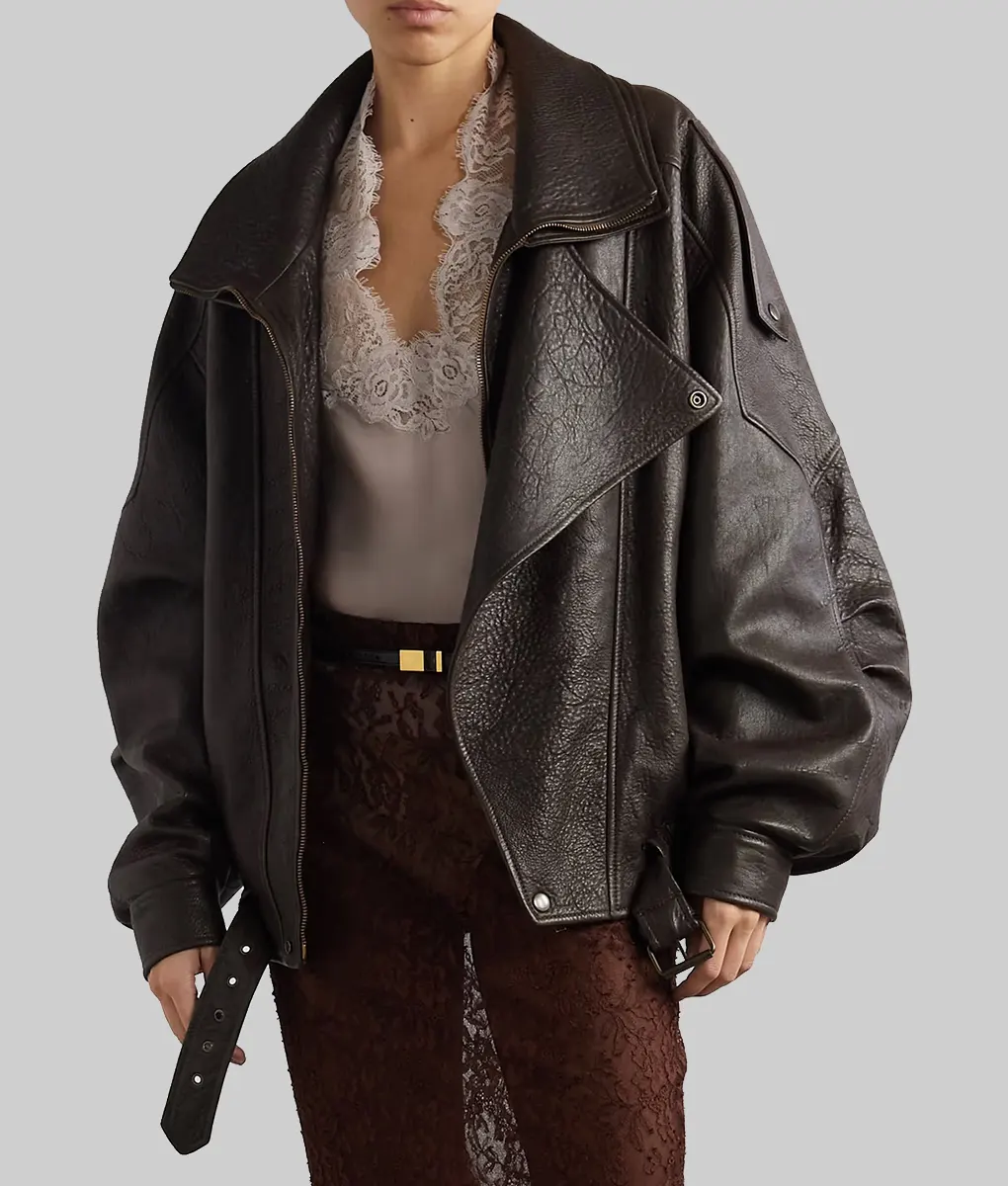 Hailey Bieber Oversized Brown Leather Jacket-Side View
