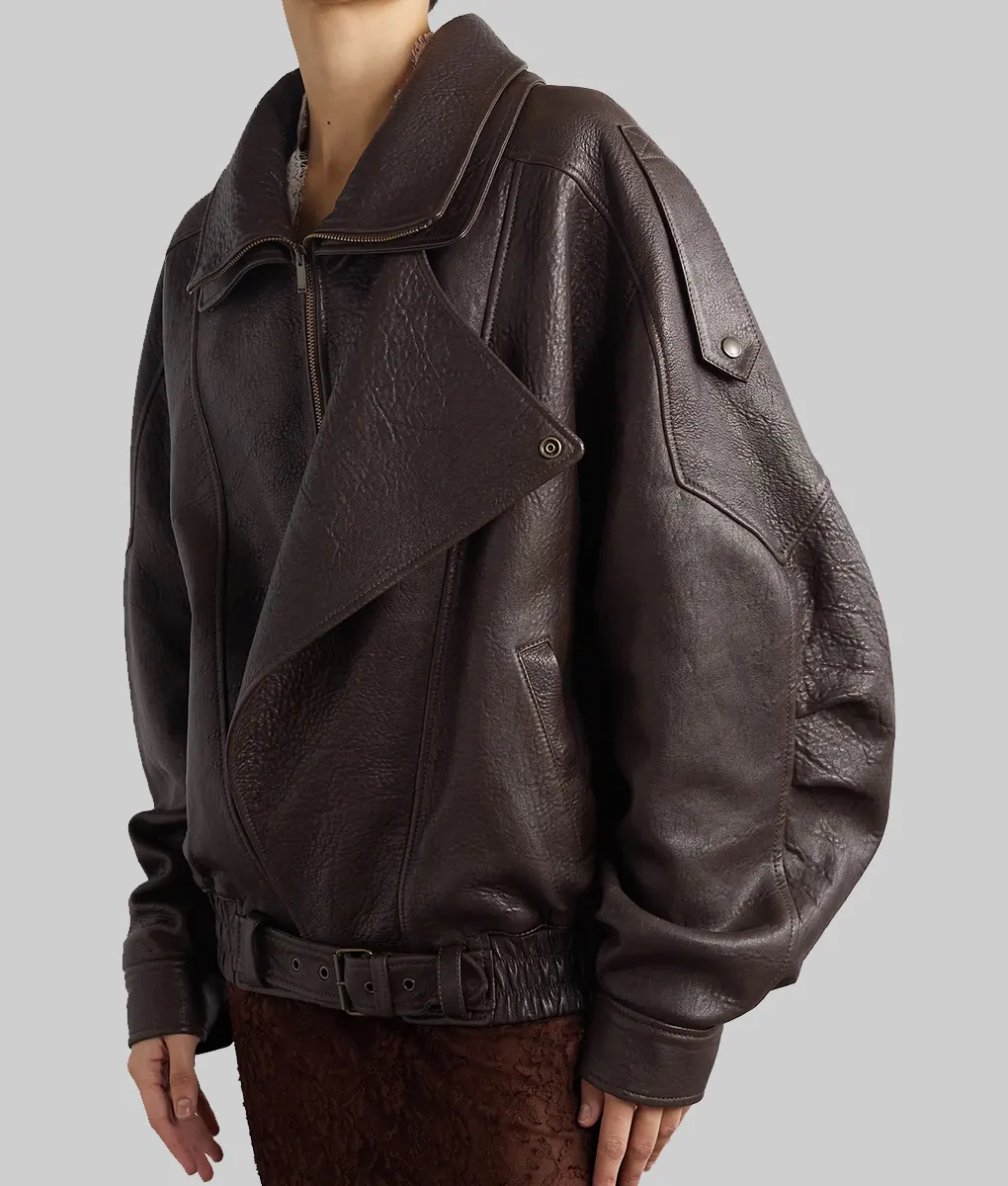 Hailey Bieber Oversized Brown Leather Jacket-Side View