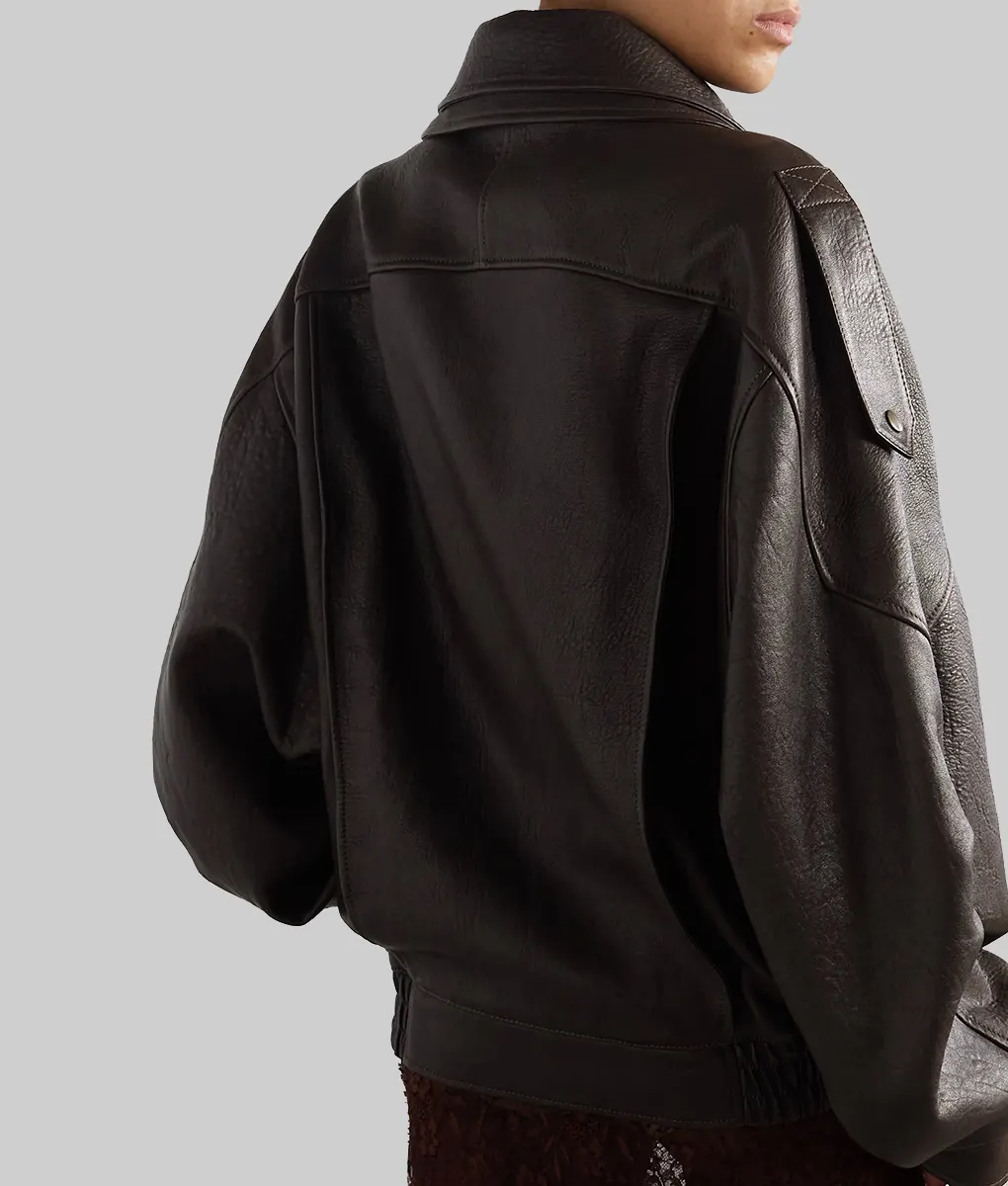 Hailey Bieber Oversized Brown Leather Jacket-Back View