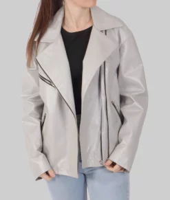 Hailey Womens White Leather Biker Jacket - Womens White Leather Biker Jacket-3