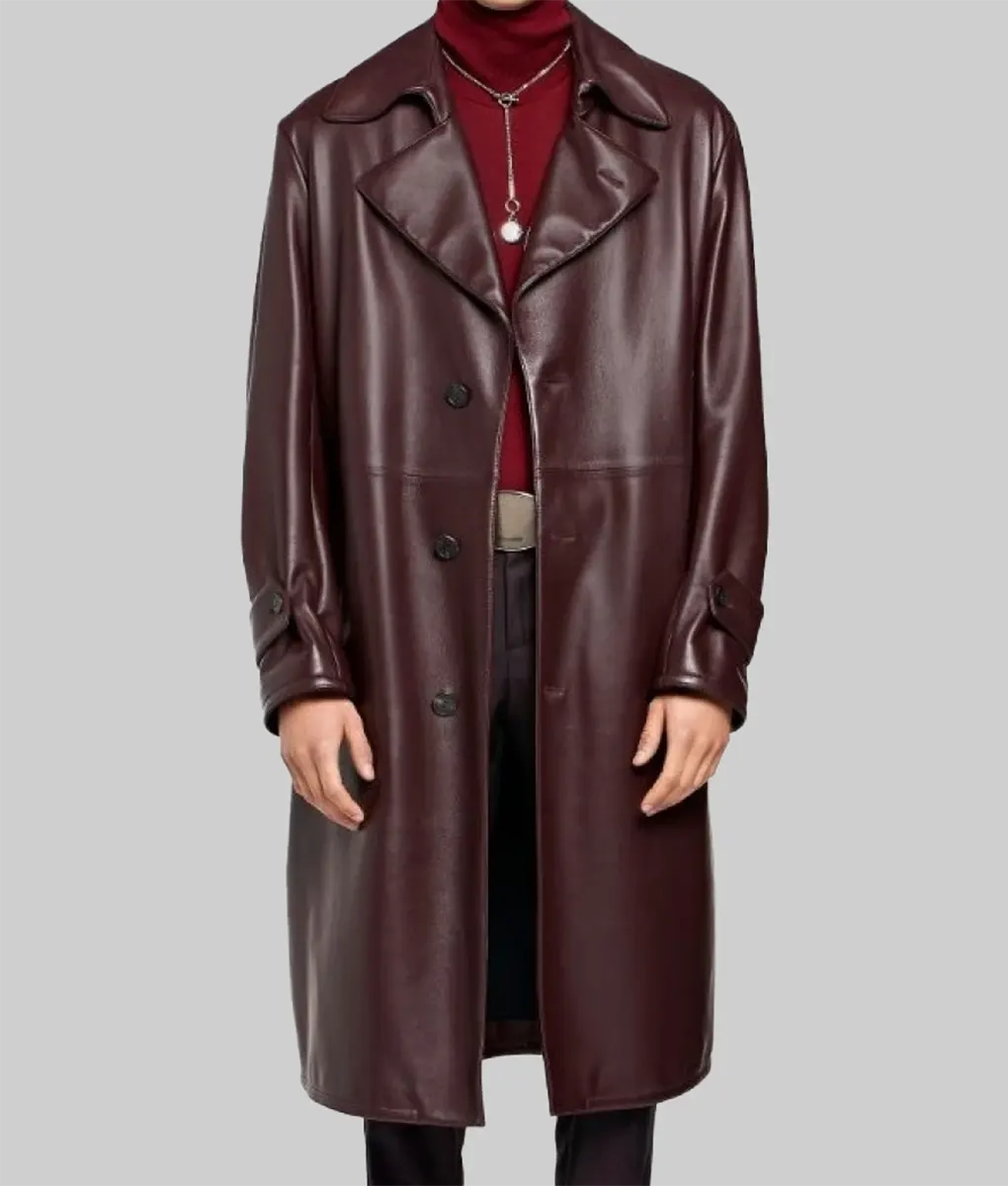 James Men's Burgundy Leather Trench Coat - Men's Burgundy Leather Trench Coat-2