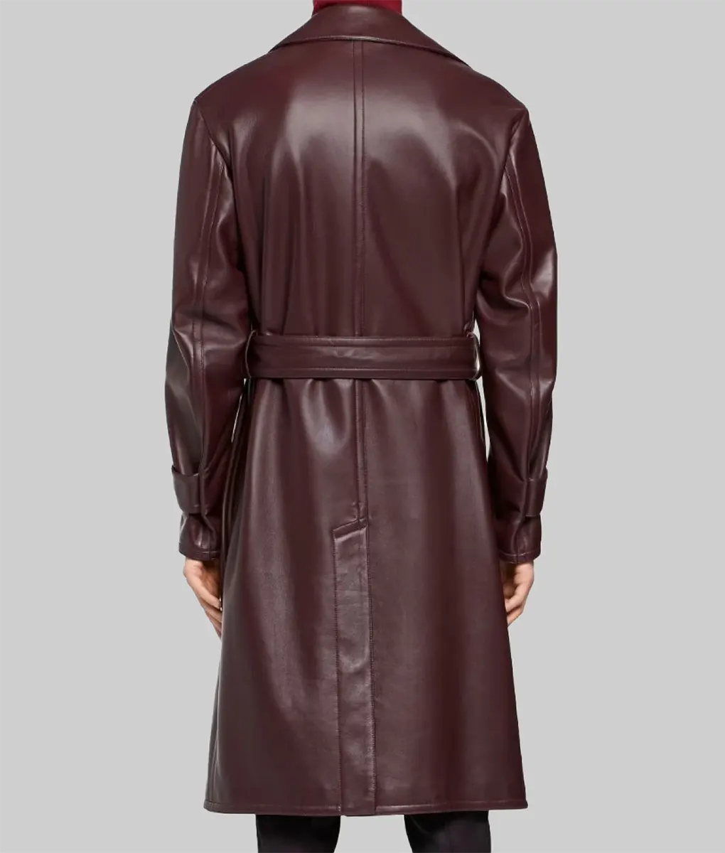 James Men's Burgundy Leather Trench Coat NYC Jackets