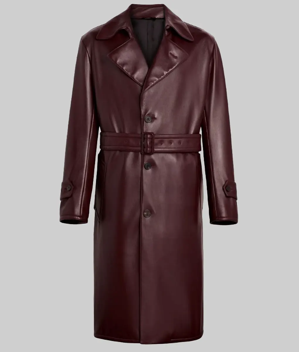 James Men's Burgundy Leather Trench Coat NYC Jackets