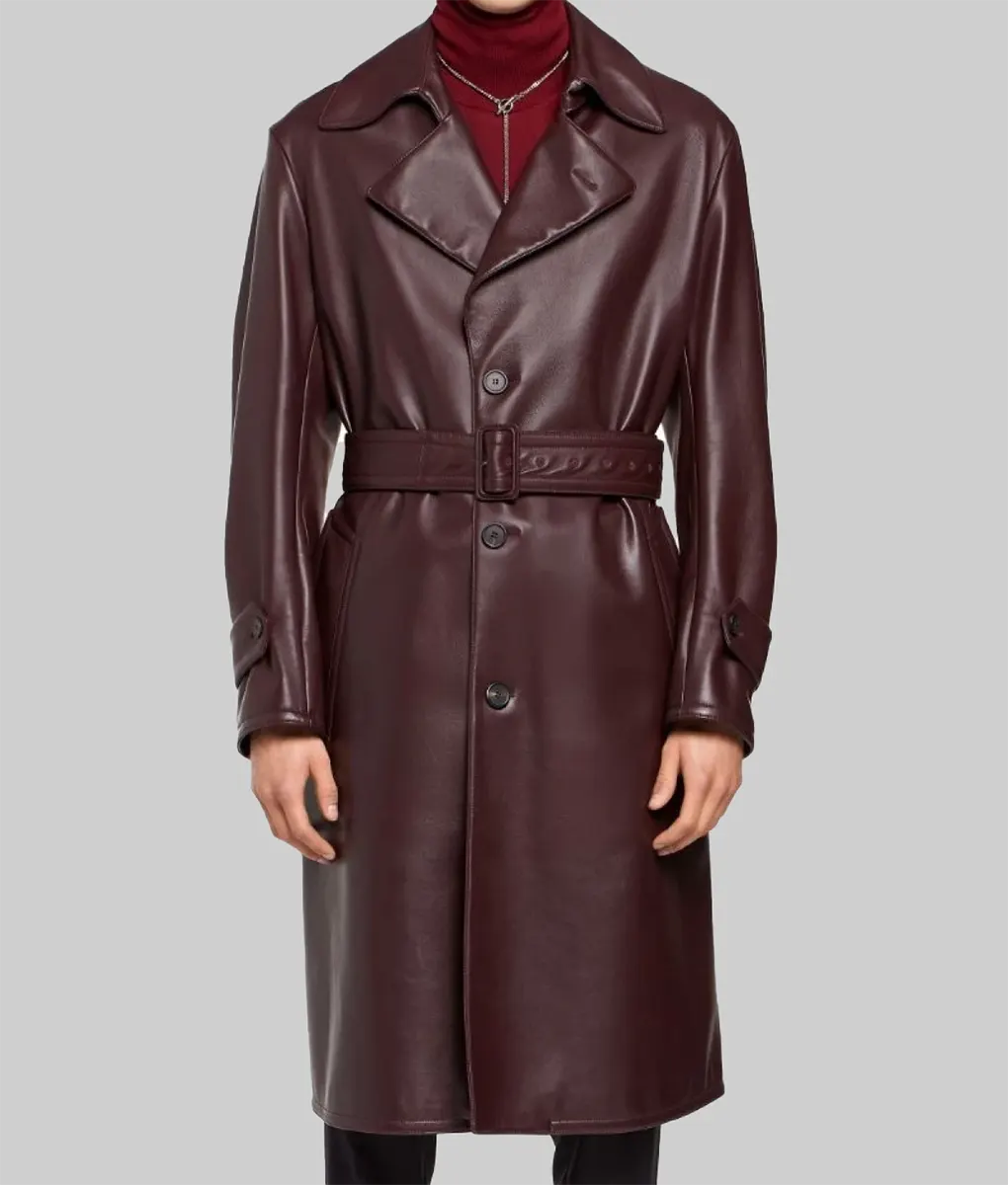James Men's Burgundy Leather Trench Coat | NYC Jackets