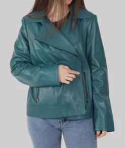 Jane Womens Blue Leather Biker Jacket - Womens Blue Leather Biker Jacket-2