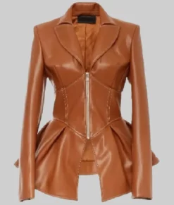Jane Women's Brown Peplum Leather Jacket - Brown Peplum Leather Jacket-1