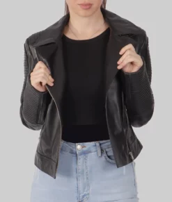 June Womens Black Biker Leather Jacket - Womens Black Biker Leather Jacket-5