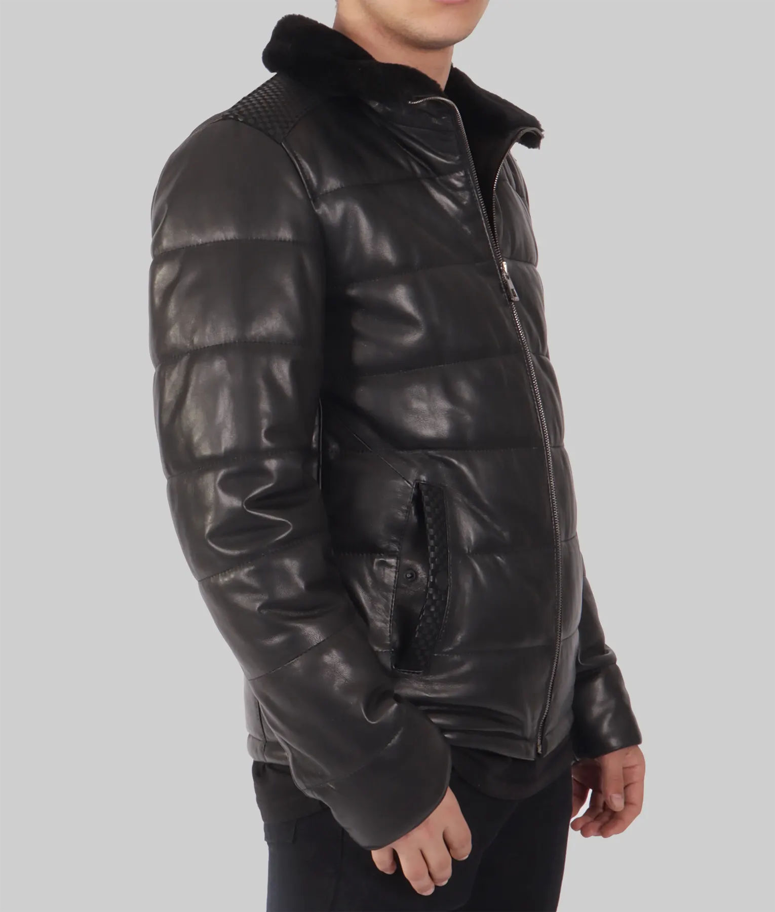 Kent Mens Black Leather Puffer Jacket - Mens Black Leather Puffer Jacket-2