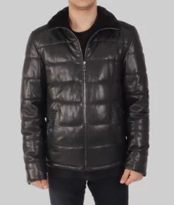 Kent Mens Black Leather Puffer Jacket - Mens Black Leather Puffer Jacket-3