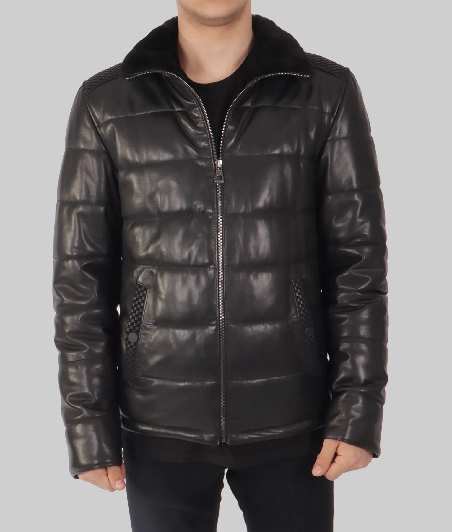 Kent Mens Black Leather Puffer Jacket - Mens Black Leather Puffer Jacket-3