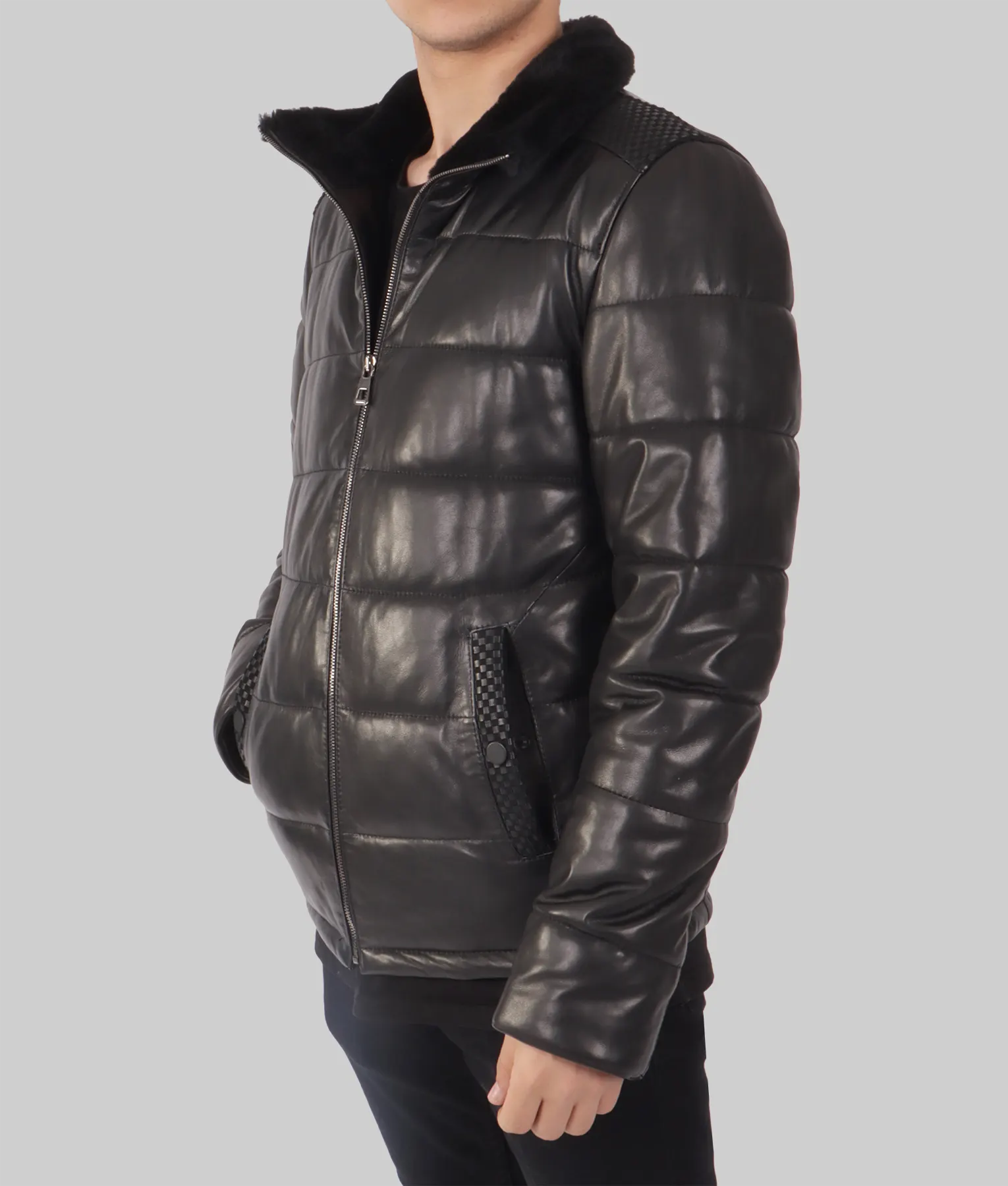 Kent Mens Black Leather Puffer Jacket - Mens Black Leather Puffer Jacket-4