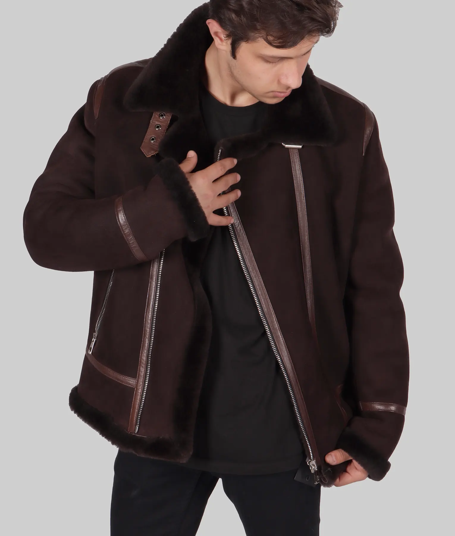 Kitts Mens Brown B-3 Bomber Leather Jacket - Mens Brown B-3 Bomber Leather Jacket-1