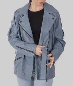 Laura Womens Blue Biker Leather Jacket - Womens Blue Biker Leather Jacket-2