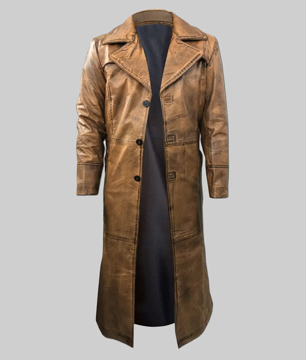 Lee Men's Distressed Brown Leather Trench Coat - Men's Distressed Brown Trench Coat-4
