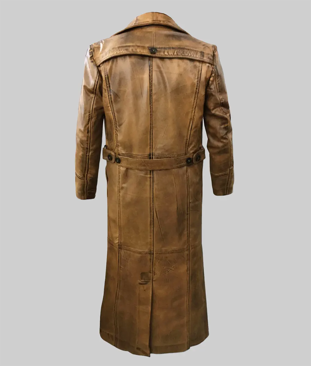 Lee Men's Distressed Brown Leather Trench Coat - Men's Distressed Brown Trench Coat-3