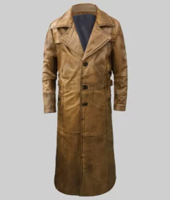 Lee Men's Distressed Brown Leather Trench Coat - Men's Distressed Brown Trench Coat-1