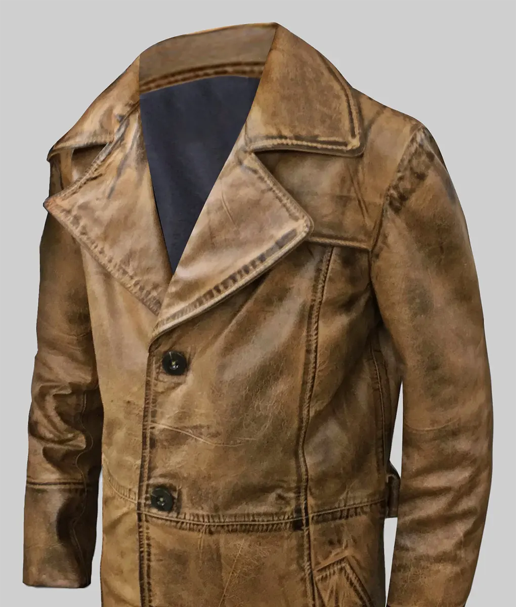 Lee Men's Distressed Brown Leather Trench Coat - Men's Distressed Brown Trench Coat-2