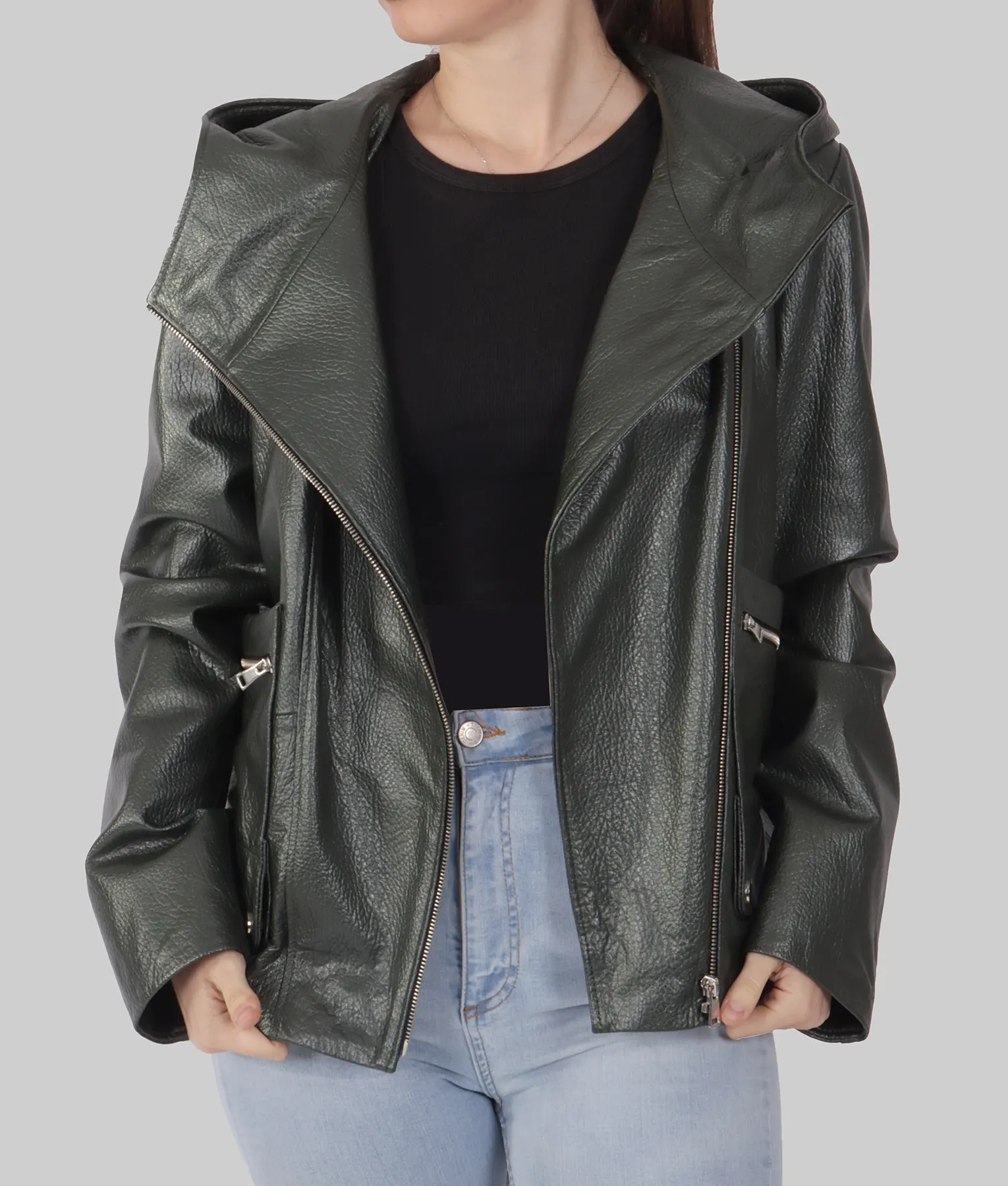 Linda Womens Black Hooded Biker Leather Jacket - Womens Black Hooded Biker Leather Jacket-2
