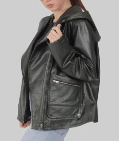 Linda Womens Black Hooded Biker Leather Jacket - Womens Black Hooded Biker Leather Jacket-3