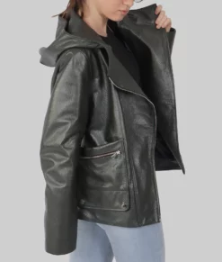 Linda Womens Black Hooded Biker Leather Jacket - Womens Black Hooded Biker Leather Jacket-1