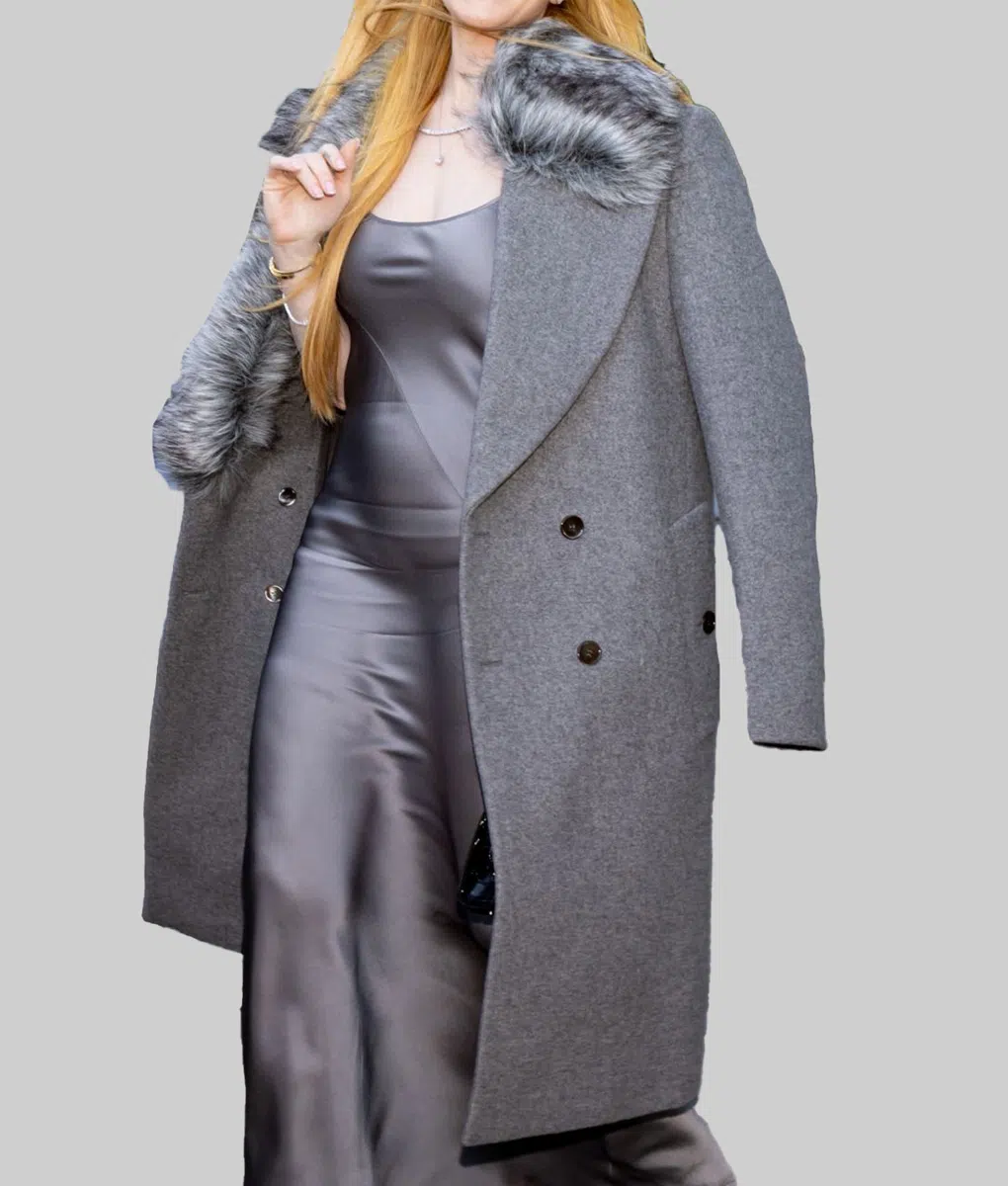 Lindsay Lohan Double Breasted Grey Wool Coat | NYC Jackets