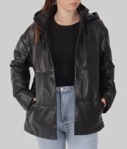 Lisa Womens Black Hooded Leather Jacket - Womens Black Hooded Leather Jacket-3
