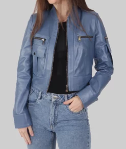 Lucy Womens Blue Leather Biker Jacket - Womens Blue Leather Biker Jacket-1