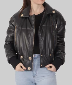 Mandy Womens Black Leather Jacket - Womens Puffer Black Leather Jacket-2