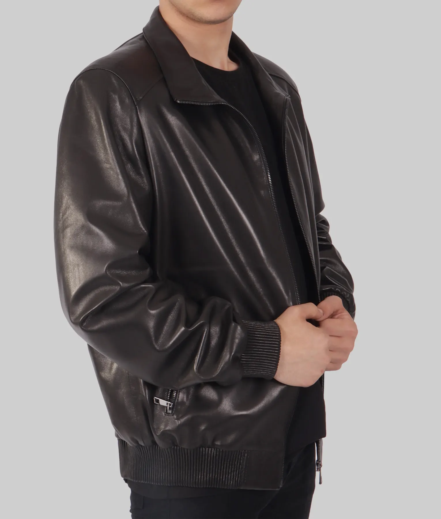 Pan Mens Black Bomber Leather Jacket - Mens Black Bomber Leather Jacket-5