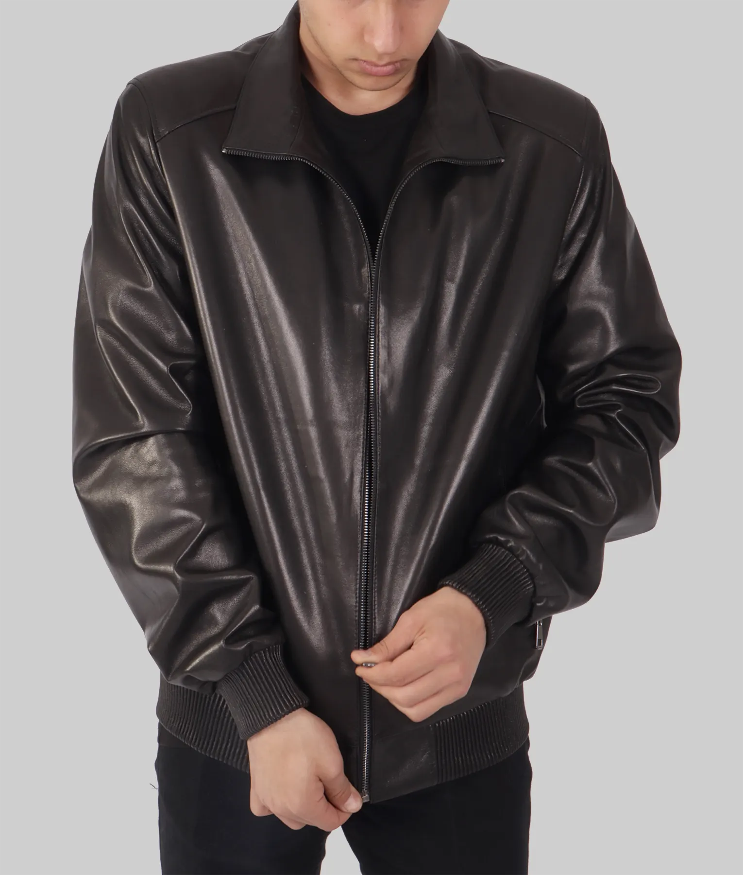 Pan Mens Black Bomber Leather Jacket - Mens Black Bomber Leather Jacket-1