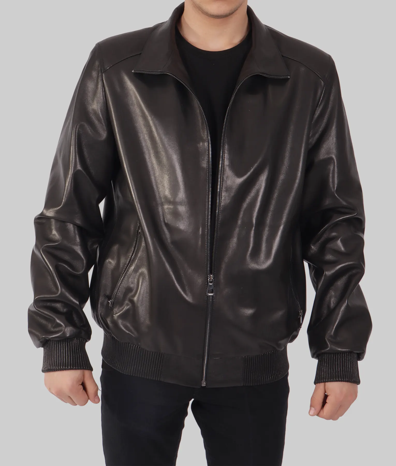 Pan Mens Black Bomber Leather Jacket - Mens Black Bomber Leather Jacket-2