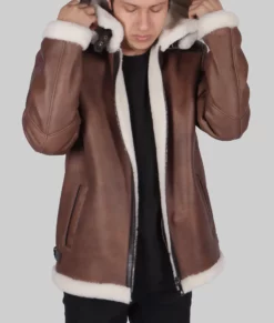 Nevis Mens Brown Hooded B-3 Bomber Leather Jacket - Mens Brown Hooded B-3 Leather Jacket-3