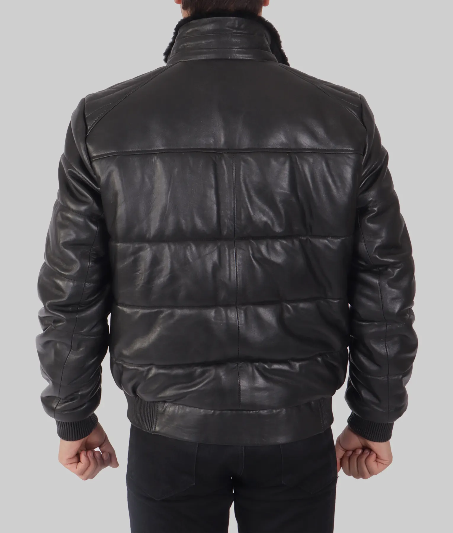 Piana Mens Black Leather Puffer Jacket - Mens Black Leather Puffer Jacket-2