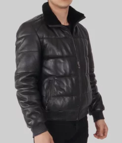 Piana Mens Black Leather Puffer Jacket - Mens Black Leather Puffer Jacket-3