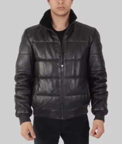 Piana Mens Black Leather Puffer Jacket - Mens Black Leather Puffer Jacket-4