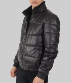 Piana Mens Black Leather Puffer Jacket - Mens Black Leather Puffer Jacket-1